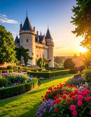 Beautiful European Castle Gardens at Sunrise.