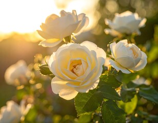 Beautiful cream roses bathed in golden sunlight