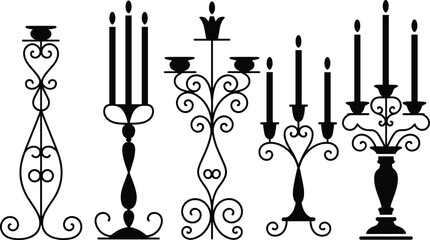 Vintage candle holder silhouette set, ornate candelabra vector collection, decorative gothic chandelier clipart, elegant black candle stand design, scrollwork style