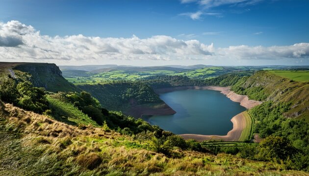Cheddar Resevoir And The Somerset Levels From Cheddar Gorge Bristol Water Lake Seen From High Vantage Point With Limestone Cliffs Of Canyon In Foreground