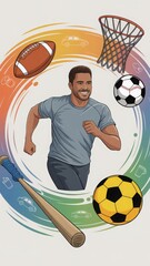 Running man sports clipart with dynamic motion, football, basketball, soccer ball, cricket bat, coffee cup, colorful energy lines, active lifestyle illustration, fitness concept art