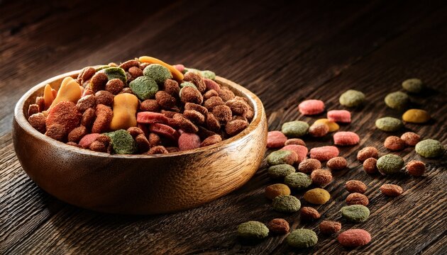 Assorted Colorful Pet Food In Wooden Bowl On Rustic Surface - Powered by Adobe