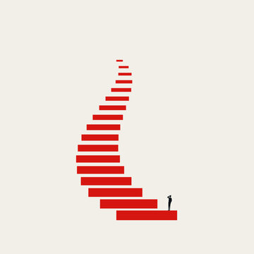 Minimalist vector illustration of a person facing a long flight of stairs. Symbolizes a career journey, future challenges, ambition, and the first step towards achieving a goal.