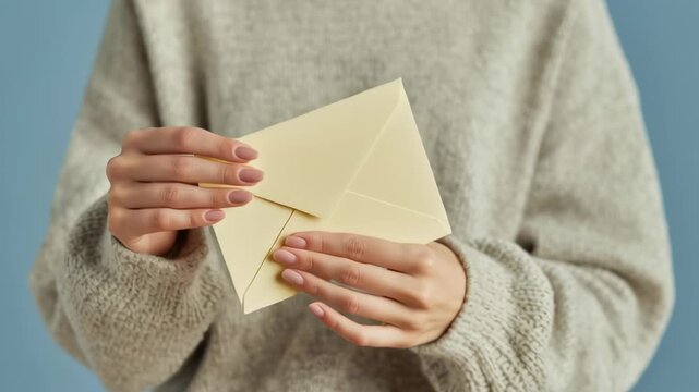 A person holding a white envelope in their hand. The envelope is open and the person is wearing a gray sweater