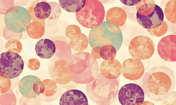 Retro-style pattern of colorful soap bubbles on dusty rose and beige background, 70s inspired palette, soft vintage grain, playful and trendy feel