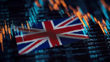 A flag of the United Kingdom is displayed on a computer screen with a lot of numbers and lines - Powered by Adobe