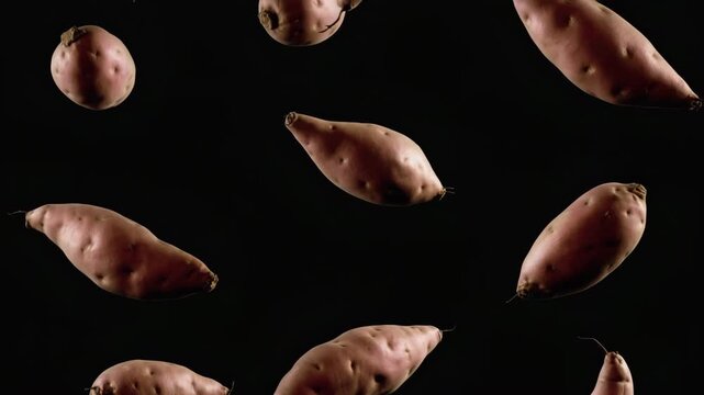 Fallende S&uuml;&szlig;kartoffeln in Zeitlupe &ndash; frisches Gem&uuml;se, dynamische Bewegung, Food-Konzept
