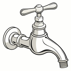 Silver faucet with a classic design and visible threading for plumbing connections in a detailed vector illustration
