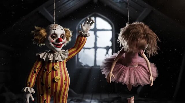 Creepy Doll Puppets in Attic - A creepy clown doll and a ballerina doll hang by strings in a dark, dusty attic, with a gothic window in the background. The scene evokes a sense of horror and suspense.