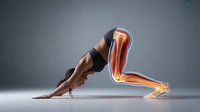 解剖学的なイラスト、健康的なライフスタイル、灰色の背景に筋肉の洞察を備えたヨガのポーズ