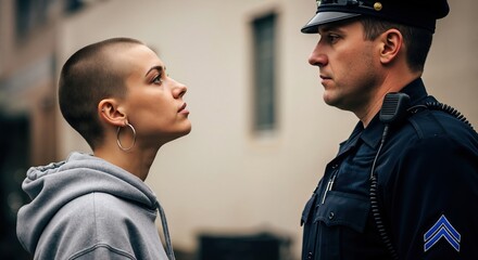 A young woman with a buzz cut in a tense confrontation with a police officer. Profile of an activist facing law enforcement during a protest. Civil disobedience and authority concept
