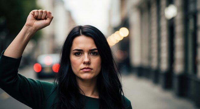 A determined woman raises her fist in protest on a city street. Portrait of a female activist fighting for rights. Empowerment and revolution concept - Powered by Adobe