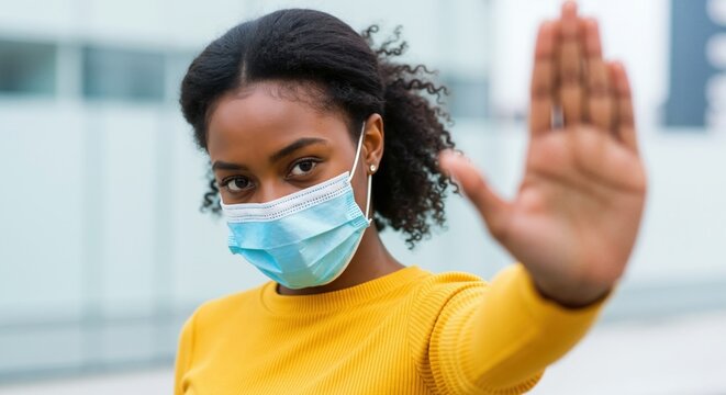 A young Black woman wearing a face mask makes a stop gesture with her hand. Protest, social distancing, and refusal during the covid-19 pandemic concept