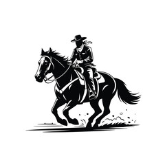 Fototapeta premium Dynamic silhouette of a cowboy riding a galloping horse across a dusty field