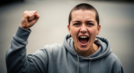 An angry person with a buzz cut shouting and raising a fist in protest. Portrait of a young activist expressing defiance and rage. Human rights and revolution concept