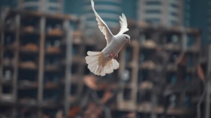 A white dove flies over a cityscape. Concept of freedom and hope, as the bird soars above the urban environment. The contrast between the bird - Powered by Adobe