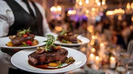 Elegant dinner service featuring gourmet steak and fine dining ambiance