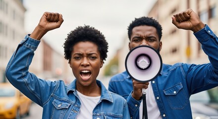 Passionate African American activists protesting on a city street. Woman shouting with a raised fist while a man uses a megaphone. Social justice and human rights concept