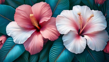 Elegant White And Pink Hibiscus Flowers With Teal Leaves