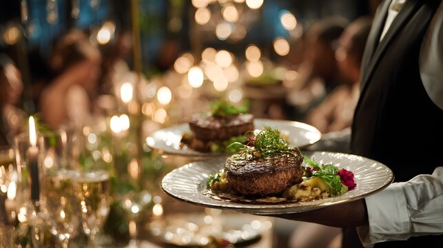 Elegant dining experience with gourmet meals at a fancy restaurant during an evening gathering