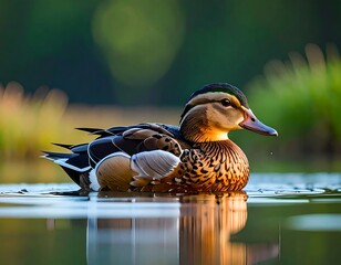 Beautiful duck on a pond at dawn