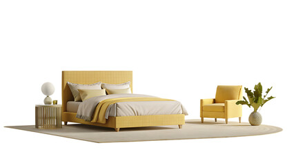 set bedroom and decor yellow bed yellow armchair isolated on white background, png, ai generated