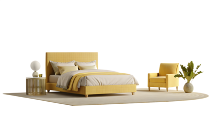 set bedroom and decor yellow bed yellow armchair isolated on white background, png, ai generated