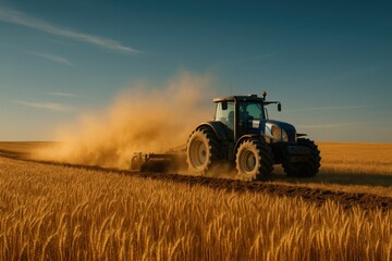 Obraz premium Powerful tractor plowing through golden wheat field. Use for agriculture marketing, farming industry ads, sustainability campaigns, and rural life editorials. 