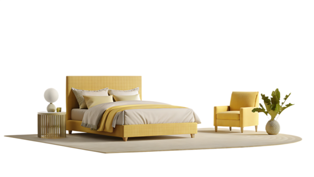 set bedroom and decor yellow bed yellow armchair isolated on white background, png, ai generated