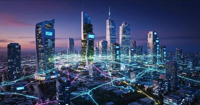 Futuristic Cityscape at Dusk with Skyscrapers