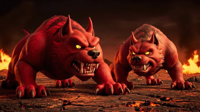 Two Hellhounds Growling in the Underworld - This video showcases two menacing, red-skinned hellhounds with glowing yellow eyes and sharp teeth, snarling aggressively.