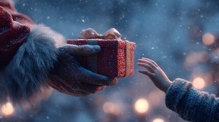 Snowy holiday scene with Santa handing a gift to a child's eager hands