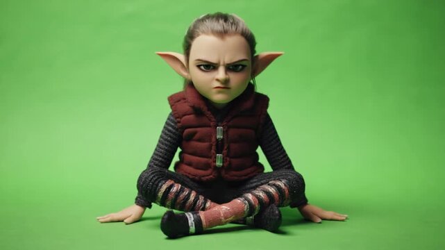 Elfin figure with a stern expression sitting cross legged on a bright green seamless backdrop in studio christmas elves green screen video