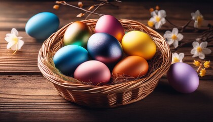 Colorful Easter Eggs Resting In A Basket On Rustic Wooden Table