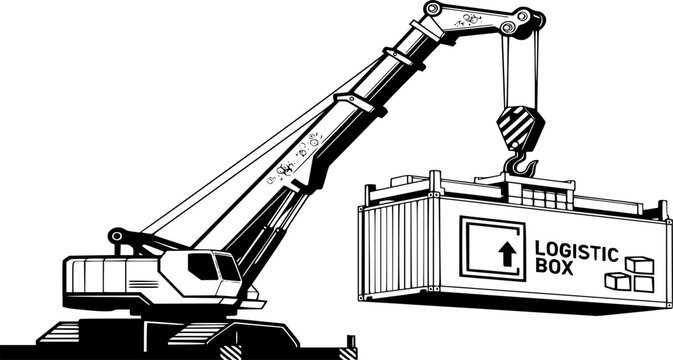 Crane hoke with a logistic box icon. Contamination crane lifting a container line vector
