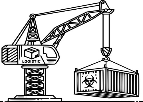 Crane hoke with a logistic box icon. Contamination crane lifting a container line vector
