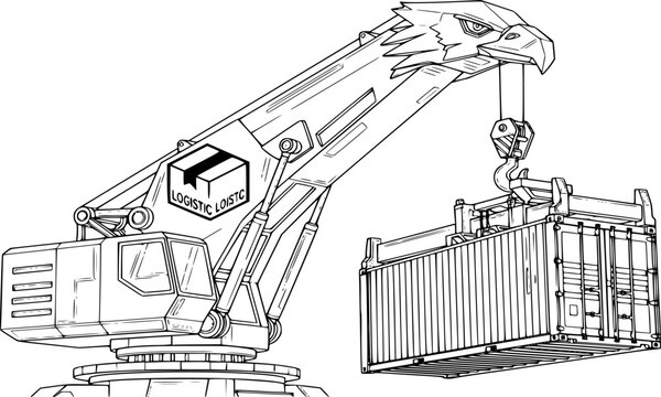Crane hoke with a logistic box icon. Contamination crane lifting a container line vector
