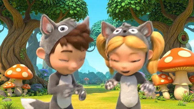 Cartoon Kids Dressed as Wolves in Forest - A boy and girl cartoon characters are standing in a forest wearing wolf costumes with hats and tails.