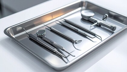 Sterile dental instruments arranged on a metal tray.