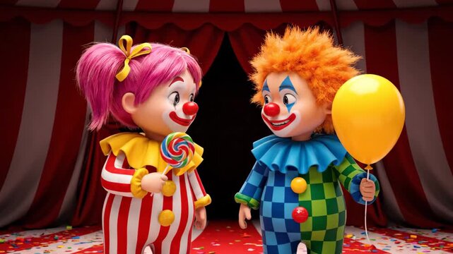 Playful Clown Characters at the Circus - Two whimsical cartoon clown characters are depicted inside a circus tent.