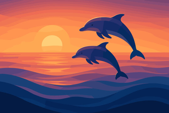 Illustration glow sunset off reflecting dolphins simple water leaping vector gradient above