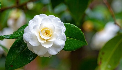 Close-up of a pristine white camellia flower