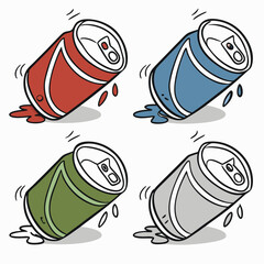Cartoon illustration of four colorful soda cans spilling liquid isolated on white perfect for backgrounds and designs needing a fun touch