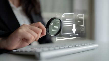 Visual representation of digital document downloading, showing file transfer, data access, and...