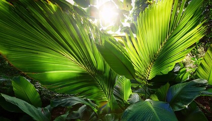 Lush Tropical Foliage With Vibrant Green Leaves Illuminated By Soft Sunlight In A Serene Jungle