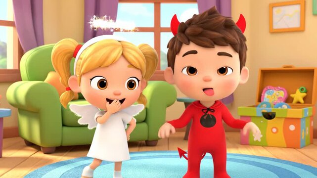 Cartoon Angel and Devil Children - An animated video shows a cartoon girl dressed as an angel and a cartoon boy dressed as a devil standing in a room.