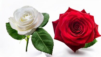 Red Rose White Green Leaf Isolated On White