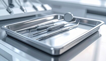 Sterile dental instruments on a metal tray in a professional clinic setting.