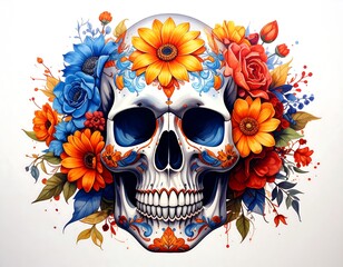 Colorful Sugar Skull with Floral Design.