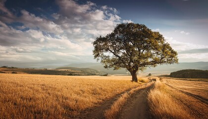Vintage Landscape With Single Tree And Carter